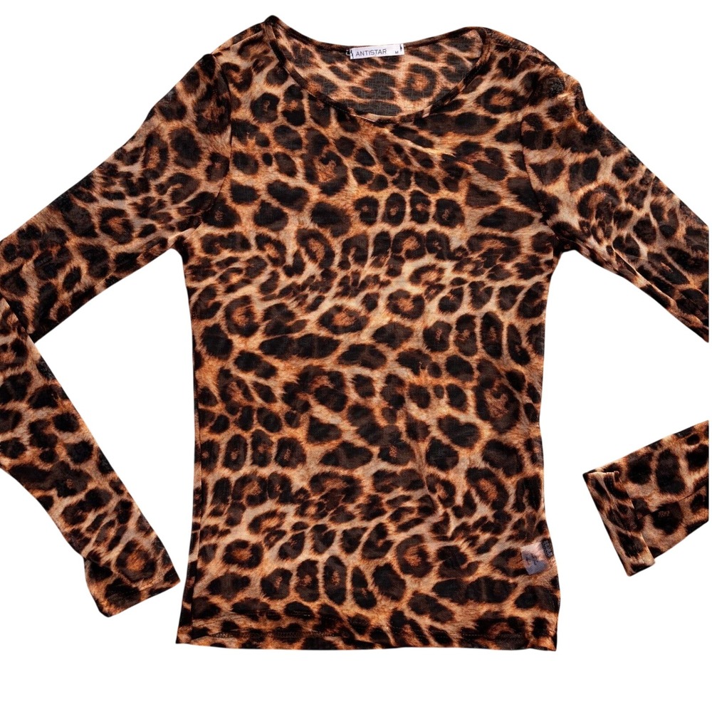 Antistar‎ Womens Leopard Print Sheer Mesh Long Sleeve Top Brown Black Size M